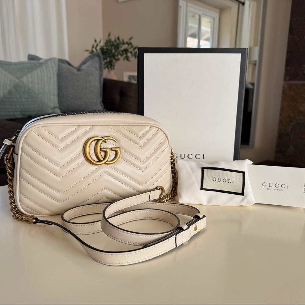 Gucci GG Marmont Small Quilted Leather Camera Bag Ivory White Crossbody